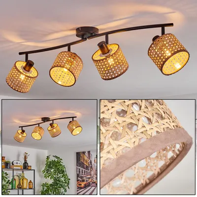 Produktbild von Varoni moderne Deckenlampe aus Metall/Rattan/Stoff in Schwarz/Natur/Beige