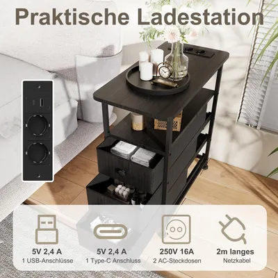 Produktbild von Beistelltisch Schwarz mit 3 Schubladen und Ladefunktion Nachttisch Ablagetisch 60x30x62 cm