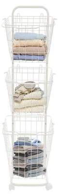 Image de Chariot à linge - Panier à linge à 3 niveaux - Avec roulettes - Métal - 26 × 32 × 123 cm - 10 kg par niveau - Peu encombrant - Blanc