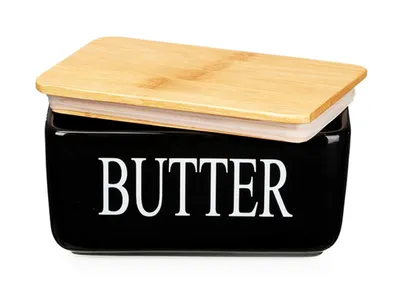 Produktbild von BUTTERDOSE aus Keramik und Bambus mit Deckel Schwarz Butterglocke Kühlschrank Butterschale Butterbehälter Butterbüchse Butter Box 10