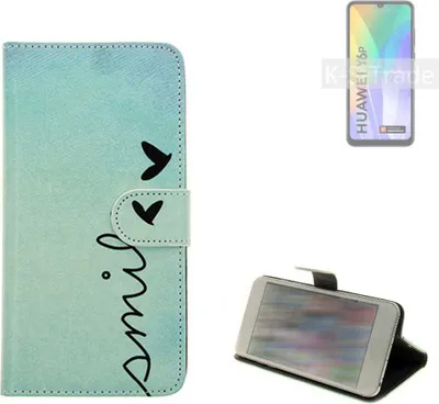 Produktbild von K-S-Trade Schutz Hülle Handy Hülle kompatibel mit Huawei Y6p Hülle Handyhülle cover bookstyle Etui Handyhülle ''smile'' türkis Standfunktion