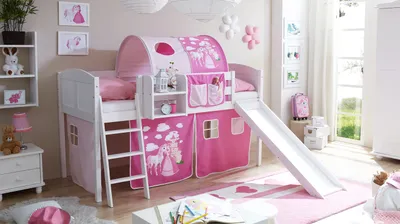 Produktbild von Rutschbett "Ekki" Country Kiefer Weiß Motiv (Horse (Pink))