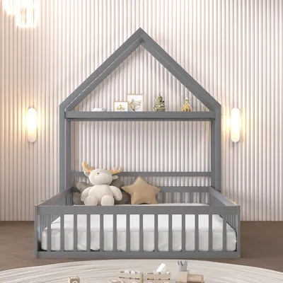 Obrázok produktu pre okwish Detská posteľ – nízka posteľ 140 x 200 cm, rám detskej postele z masívneho dreva s úložným priestorom, celoplošné ochranné bočnice, dvierka a lamelový rošt, sivá (bez matraca)