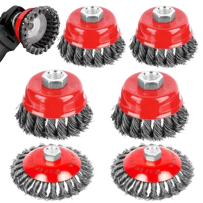 Obrázek produktu pro Sada drátěných kartáčů pro úhlové brusky, 6 kusů, závit M14, hrnkové a kotoučové kartáče, ocel, 75 mm / 100 mm