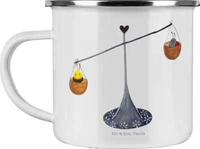 Produktbild von Mr. & Mrs. Panda Teetasse Sternzeichen Waage - Weiß - Geschenk, Biene, Emailletasse, Emaille Tasse, Teebecher, Hummel, Marienkäfer, Pott, Haferl, Gleichgewicht