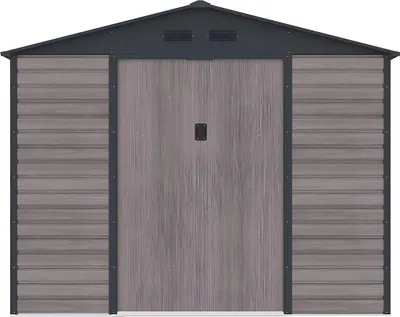 Produktbild von ADELMO Gartenhaus aus verzinktem Stahl, Holzmaserung - Farbe grau - 8,94m²