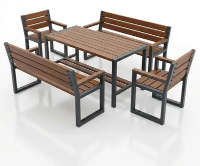 Produktbild von Gartenmöbel-Set aus Holz und Metall - 8 Personen - Wasserabweisend - Industrial - 5-teiliges Set - Gartentisch, 2 Gartenbänke, 2 Stühle - Palisander