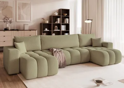 Produktbild von Idohome - Bubble Ecksofa OFI U Bouclé mit Schlaffunktion, Bettkasten modernes, Wohnzimmercouch - Farbe: Grün Centaur 13