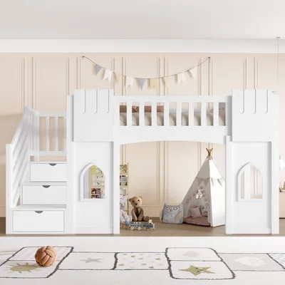 Obrázok produktu pre Postel s hornou časťou a schodiskom s úložným priestorom a oknom, biela, 90x200 cm, borovicové drevo, MDF