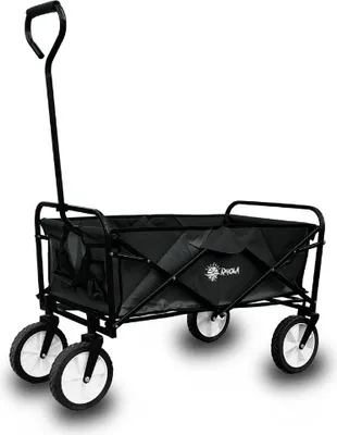A black folding wagon with white wheels is shown against a white background.