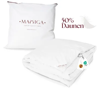A white pillow and a folded white duvet are displayed against a white background. Text and a feather graphic are visible in the upper right corner.