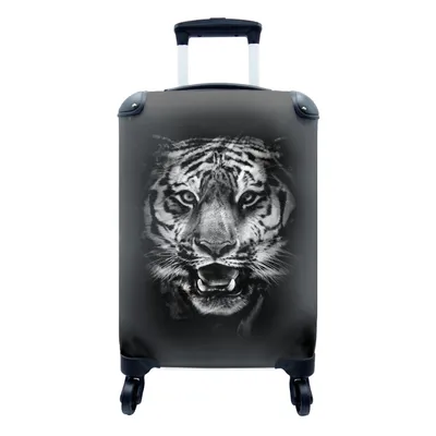 Produktbild von MuchoWow® Koffer Handgepäck Trolley Rollkoffer Kleine Reisekoffer mit 4 Rollen - Tiger Kopf auf schwarzem Hintergrund - schwarz und weiß - Cabin Size < 55x40x23 cm & 55x40x20 cm - Fotokoffer - Kabinenkoffer - Boardgepäck - Reise-Box - Reisekoffer - Reisegepäck - Koffer mit Bild - Trolley für Kinder