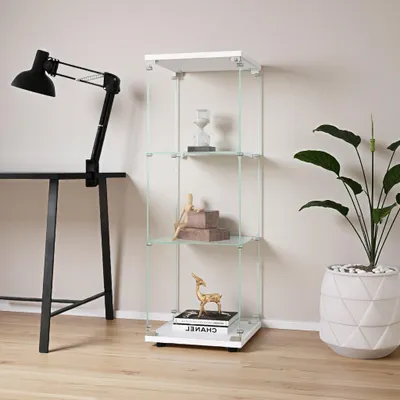 Obrázok produktu pre UnboxG Biela sklenená vitrína 42,4×36,3×125,2 cm – Jednodverová vitrína s 3 sklenenými policami, stojanová skriňa do obývacej izby, spálne alebo kancelárie, rýchla montáž