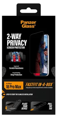 Zdjęcie produktu dla PanzerGlass ® 2-Way Privacy Screen Protector iPhone 18 Pro Max | Ultra-Wide Fit w. FASTFIT IN-A-BOX, Apple - iPhone 18 Pro Max, Aplikacja na sucho, Odporny na zadrapania, Odporny na wstrząsy, Przezroczysty, 1 szt.