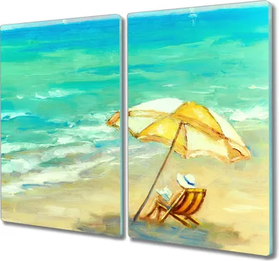 Produktbild von Coloray Kochplattenabdeckung Herdabdeckplatte 2x30x52 cm Hackbrett Schneidebrett Küchenbrett - Sonnenschirm Meereswellen