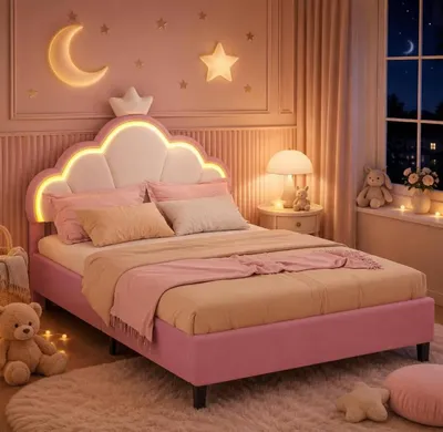 Produktbild von INONEFT Kinderbett Polsterbett 90x200 cm, LED Einzelbett für Mädchen mit Kronen-Design und verstellbarem Kopfteil, Einzelbett mit Lattenrost, Flanell