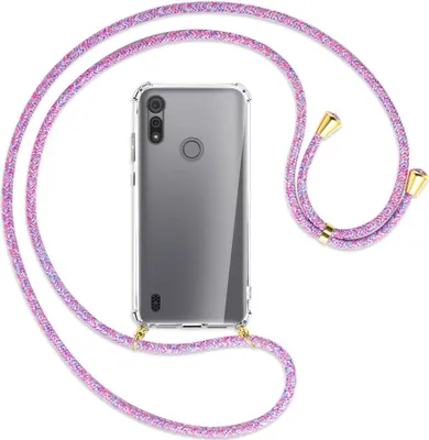 Produktbild von Handykette Backcover-Schutzhülle mit Band (Metall goldfarben) für Motorola Moto E6s - lila/rosa/blau