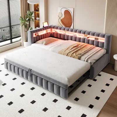 Productafbeelding van Slaapbank 90x200 cm, met LED-verlichting, met USB-aansluiting, met opbergruimte, met uitschuifbed, donkergrijs