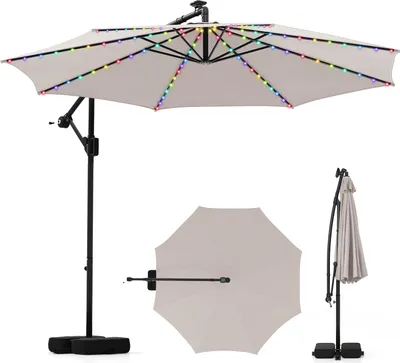 Obrázek produktu pro Slunečník COSTWAY 300 cm s LED diodami, 9 režimů, pytle s pískem a klička, konzolový slunečník, nastavitelný úhel sklonu, otočný o 360°, zahradní slunečník béžový