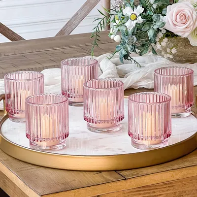 Immagine prodotto di Portacandele a forma di teelicht in vetro scanalato, set da 6 pezzi, decorazione rosa, stile boho