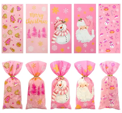 50 Weihnachts-Cellophanbeutel, rosa, 12,5 x 27,5 cm, Partytüten