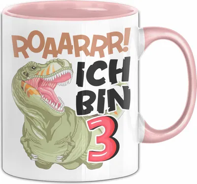 Produktbild von 3. Geburtstag Geschenk Tasse Becher Jungs Dino T-Rex Roaarrr Ich Bin 3 (Rosa)