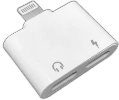 A white Lightning audio and charging adapter for an iPhone, shown from a slightly elevated angle.