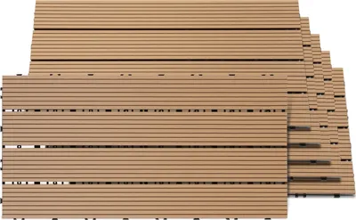 Obrázok produktu pre Sada 60 kusov terasových dlaždíc Eikuavons z kompozitného materiálu WPC do záhrady, 4 lamely, 30 × 60 cm, systém na zakliknutie, kompozitný materiál z dreva a plastu v teakovom vzhľade