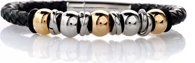 Produktbild von Männer Leder Armband Schwarz Mit Edelstahl Elementen IP Plating Gold-SB8988.21cm