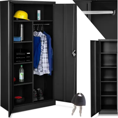 A black metal storage cabinet with its doors open, showing various items inside and a set of keys in the foreground.