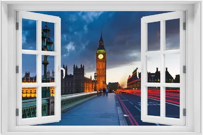 Produktbild von Wallario Wandbild mit Fenster-Illusion: London- Big Ben bei Nacht, Größe: 61 x 91,5 cm, Poster mit weißem Aluminiumrahmen