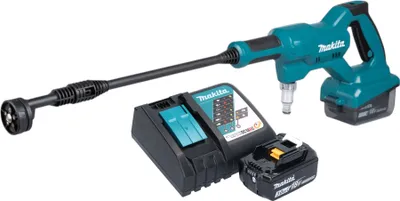 A cordless pressure washer kit with a battery and charger, displayed against a white background.