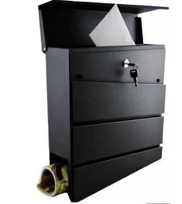 A black mailbox with a key and a letter inside.
