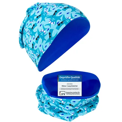 Produktbild von HECKBO Hai Kinder Mädchen Jungen Beanie Mütze & Loop-Schal Set - Wendemütze - 2-8 Jahre - 95% Baumwolle - weiches & pflegeleichtes Material - Frühling Sommer Herbst