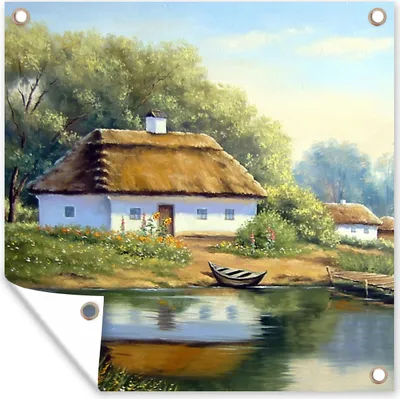 Produktbild von MuchoWow® 100x100 cm Outdoor-Poster Gartendeko Sichtschutz Garten Poster für den Garten  Malerei - Haus - Natur - Wasser - Ölfarbe