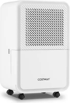 A white dehumidifier with a black grille on top and a water tank at the bottom, sitting on small black wheels.