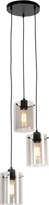 Produktbild von QAZQA - Design Hängelampe I Pendellampe I Pendelleuchte schwarz mit Rauchglas 3-flammig-Licht - Kuppel I Wohnzimmer I Schlafzimmer - Länglich - LED geeignet E27