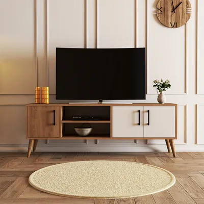 Immagine prodotto di Skye Decor, mobile TV moderno in pannello truciolare rivestito al 100% in melamina, 150 x 52 x 34 cm, rovere e bianco, con gambe in legno, numerosi ripiani, montabile a parete, design scandinavo.