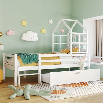 Produktbild von 90x200cm Weiß Kinderbett Mit Leiter und Schubladen Kiefer-Massivholz Rausfallschutz Hausbett (Ohne Matratze)