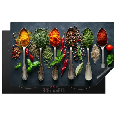 Produktbild von KitchenYeah© Herdabdeckplatte Gewürze - Löffel - Kräuter , 83x51cm, Küche Deko, Glaskeramikkochfeld Herdabdeckung, Abdeckplatte fùr Kochfeld