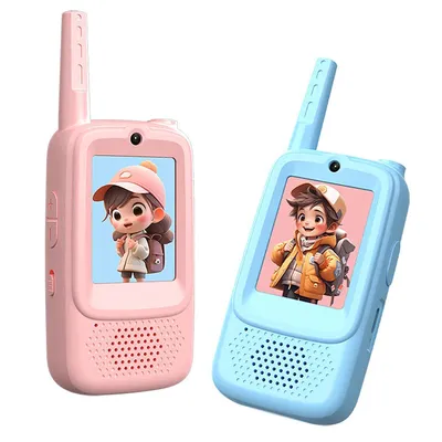 Two children's walkie-talkies, one pink and one blue, displayed side-by-side against a white background.
