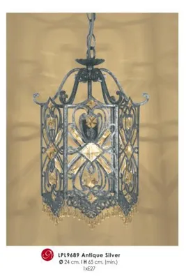 Immagine prodotto di Casa Padrino: Lampada a sospensione di design orientale con decorazioni in cristallo, finitura argento anticato, diametro 24 cm, altezza 65 cm