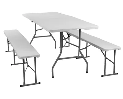 Produktbild von Bierzeltgarnitur San Remo 3-teilig, Klapptisch 180 cm mit 2 Klappbänken, weiß/grau, mit Tragegriff