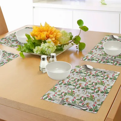 Produktbild von ABAKUHAUS Aquarell Platzmatten, Weihnachtsthemenorientiertes Blumenpoinsettia-Winter-Inspirations-Beeren-Blatt, Tiscjdeco aus Farbfesten Stoff für das Esszimmer und Küch, Zinnoberrot Gelb Grün