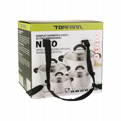 A product box for a set of stainless steel pots, featuring images of the pots and text details.