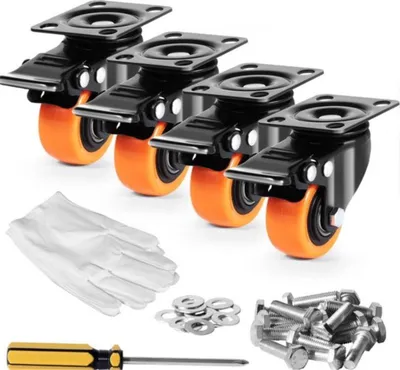 Obrázok produktu pre Sada 4 otočných koliesok – 6 palcov – PVC – dvojitá brzda – nosnosť 272 kg – vrátane montážneho materiálu