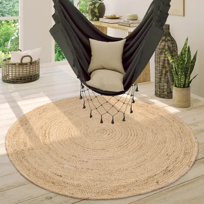 Produktbild von Teppich Rund Wohnzimmer Jute Boho Ethno Muster Modern Handgefertigt Naturteppich Grösse 160 cm Rund