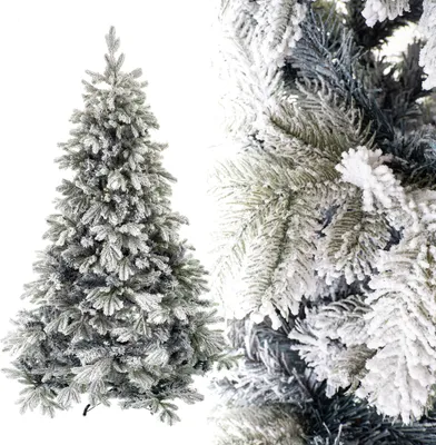 A full artificial Christmas tree covered in artificial snow, shown from the front and a close-up of its branches.