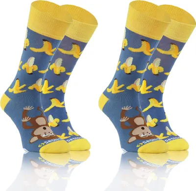 Produktbild von sesto senso Lustige Bunte Verschiedene Socken Baumwolle 2 Pack Uni Gelb Früchte Affe 43-47 Banane