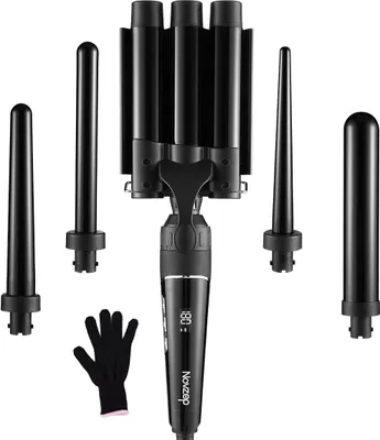 Produktbild von Lockenstab set 5 in 1 mit 3 Fässer -Welleneisen für große/mittlere oder kleine Locken Keramikbeschichtung Lockenstäbe,Lockenwickler mit Handschuh, Temperatureinstellung Schnelle Erwärmung, Turmalin Keramik